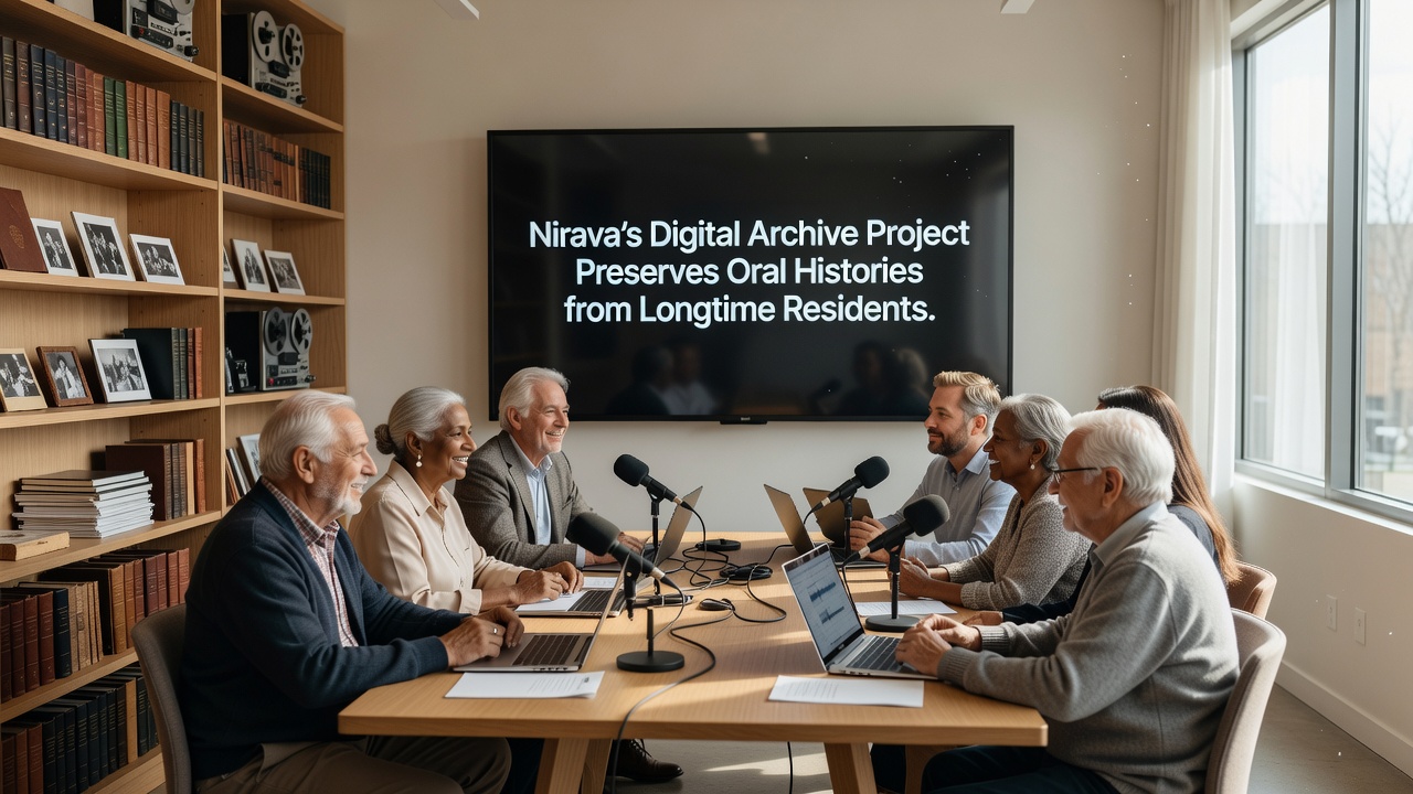 Archivists cataloging oral history recordings in Nirava's central digital archive facility