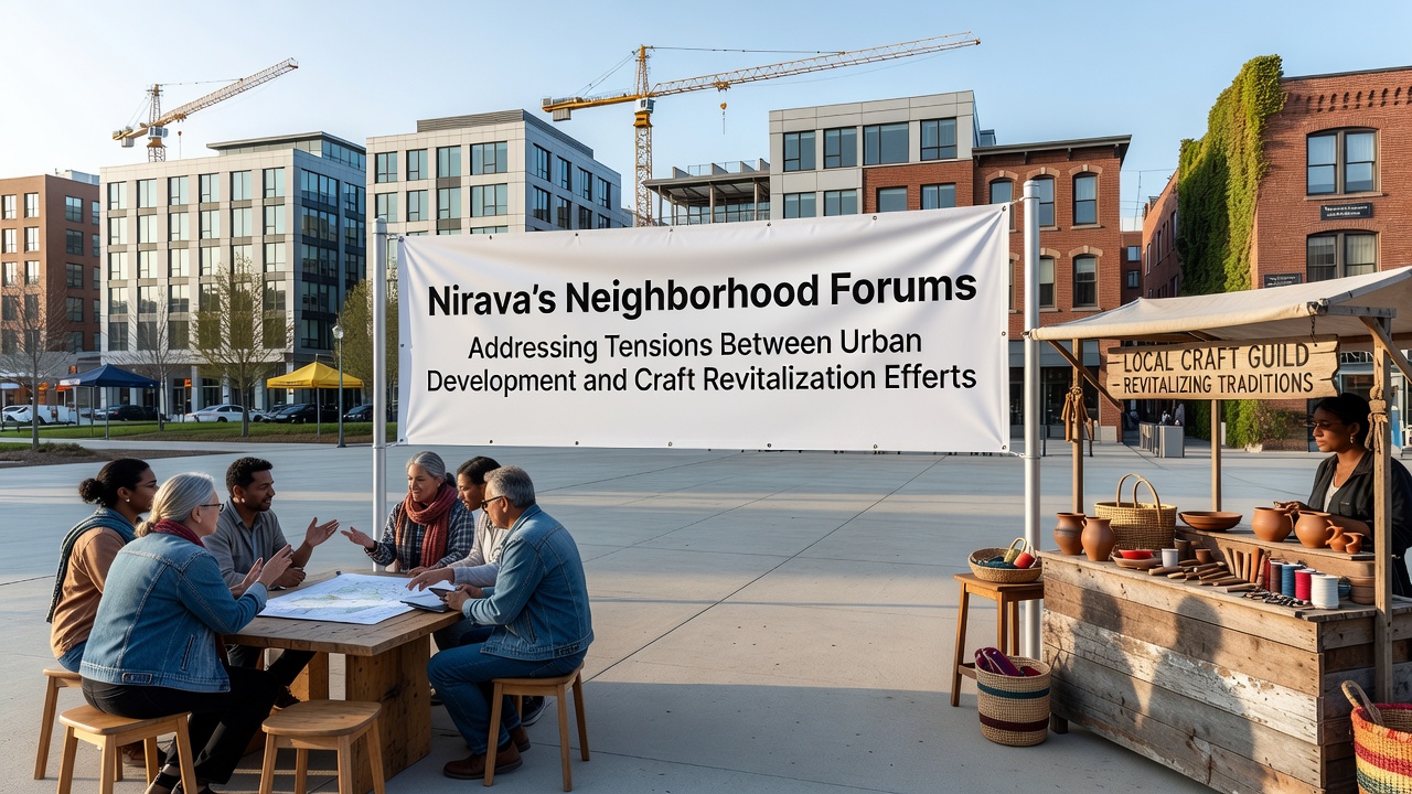 Craft artisans and planners review zoning maps during a neighborhood forum session in Nirava